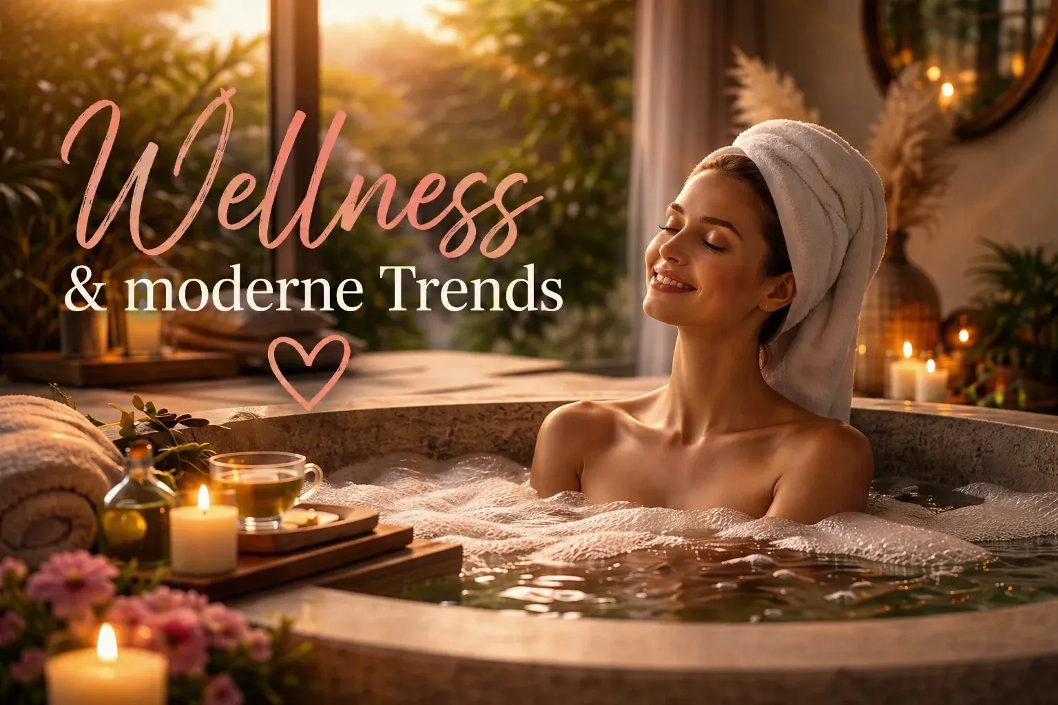 Wellness Szene mit Frau im Bad, Kerzen und warmem Licht – Entspannung, Achtsamkeit und modernes Wohlbefinden
