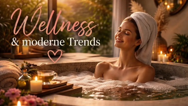 Wellness Szene mit Frau im Bad, Kerzen und warmem Licht – Entspannung, Achtsamkeit und modernes Wohlbefinden