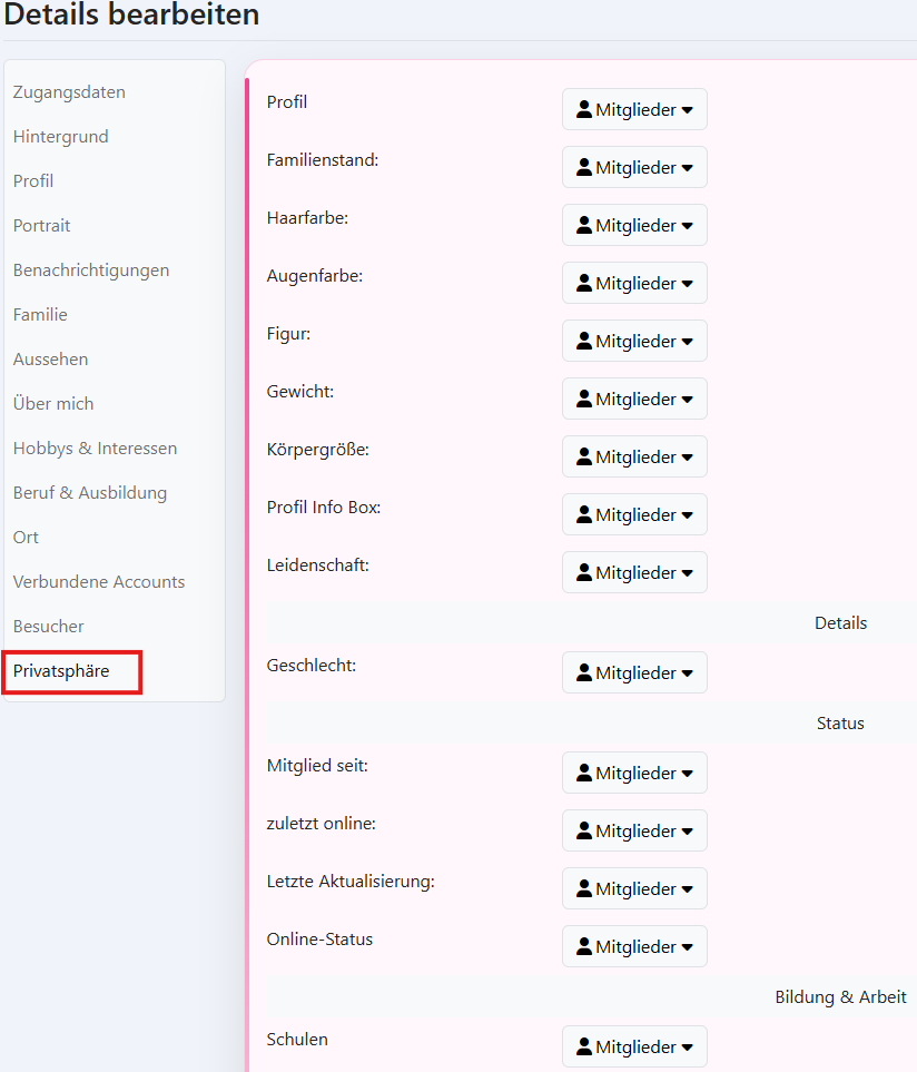 Einstellungen Privatsphäre